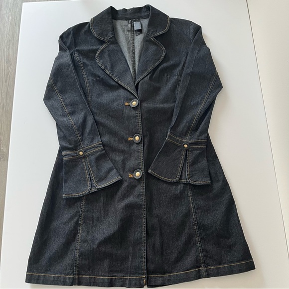 Bisou Bisou Dark Blue Denim Trench Coat Jean Jacket Contrast Stitch Button Small - Picture 5 of 13